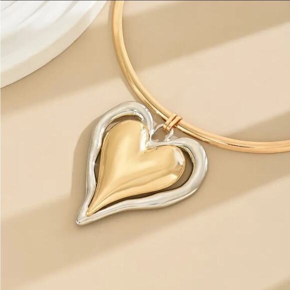 Boho Gold Silver Heart Charm Statement Pendant Necklace - Picture 5 of 6
